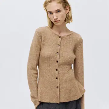 [ H&M ] 리브 니트 페플럼 가디건 베이지 멜란지