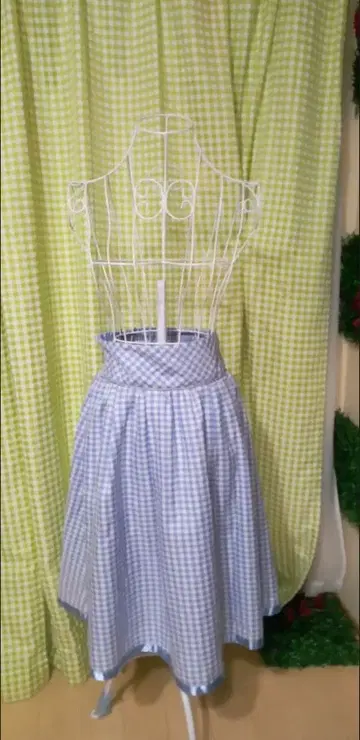 파랑과 화이트 체크 무늬 플레어 스커트