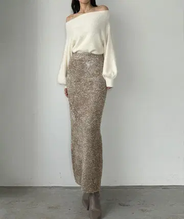 베이지 니트 타이트 스커트 슬릿 라메