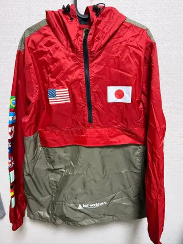 HUF 하프 지퍼 나일론 자켓 L 레드 카키 플래그 디자인