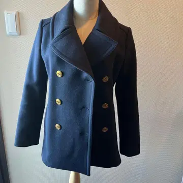 네이비 더블 브레스트 피 코트 울