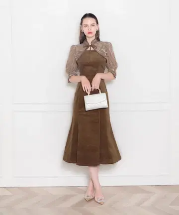 [ 완판 색상 카멜 ] LEJA 꽃무늬 볼레로 머메이드 원피스 S사이즈