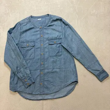 ichi 데님 셔츠 블루 노카라 버튼업 셔츠 긴팔 F 사이즈