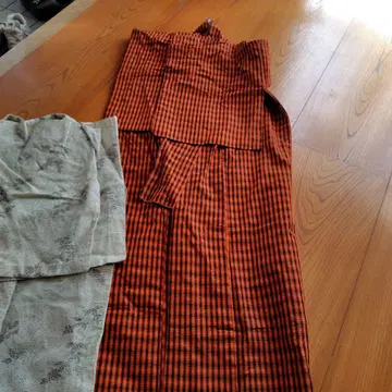 기모노 세트 오렌지 블랙 체크 그레이 꽃무늬