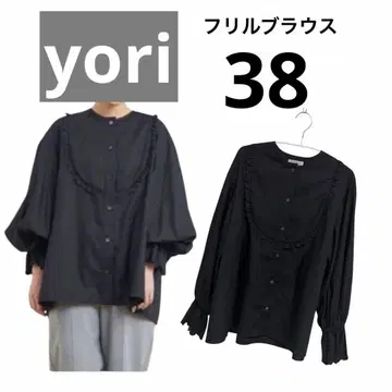yori 프릴 달린 벌룬 슬리브 셔츠 익명 배송 블랙 오피스