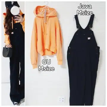코디 세트 속기모 오렌지 후드티 성숙 캐주얼 Java 블랙 오버롤