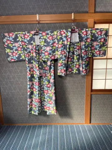 미사용 새상품 꽃무늬 그레이 기모노 겉옷 세트