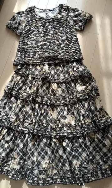 세트 핑크하우스 블랙 x 브라운 체크 로즈 프린트 상하의 세트