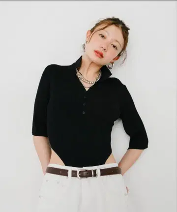 HANNE: 하프 슬리브 폴로 니트 바디수트