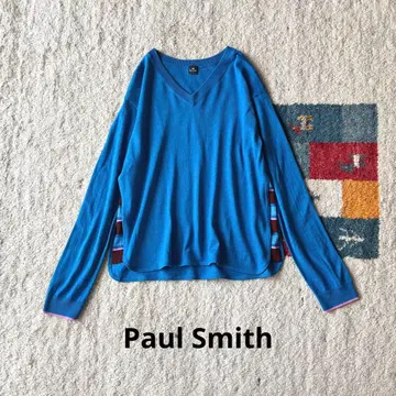 폴스미스 배색 절개 하이 게이지 V넥 니트 빅 사이즈 울 블루