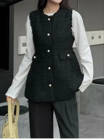 LiLiRena 리리레나 페플럼 펄 버튼 트위드 베스트