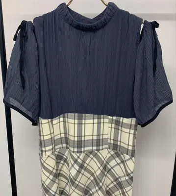 mily bilet 어깨 트임 플리츠 블라우스 도킹 체크 원피스 XL