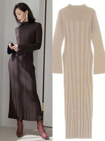 anuans 아뉴앙스 랜덤 리브 니트 타이트 원피스 베이지