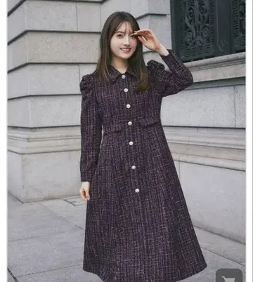 펄 버튼 파워 숄더 트위드 셔츠 원피스