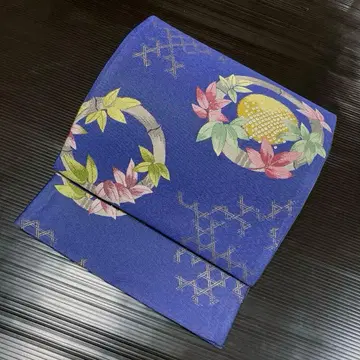 순수 실크 육통 후쿠로 오비 [리스 잎 블루 계열]
