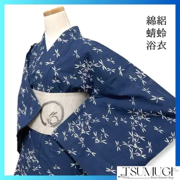 유카타 면명주 네이비 잠자리 오샤레 기모노 05a d