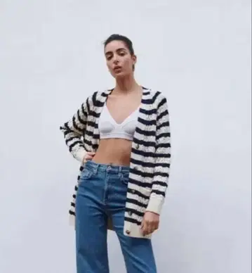 [ 여성용 ] ZARA 자라 보더 니트 가디건 롱 기장 USA M