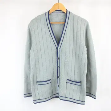 VINTAGE 파이핑 V넥 니트 가디건 구제 의류 남성용 파랑