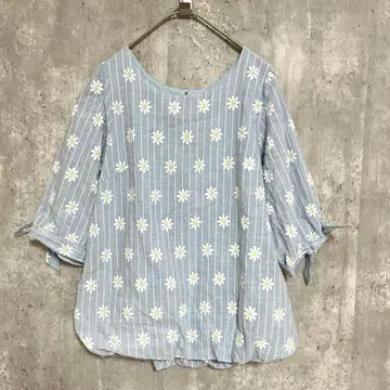 rps 꽃무늬 블랙 올 패턴 소매 리본 7부 소매 블라우스 귀여운 걸리시