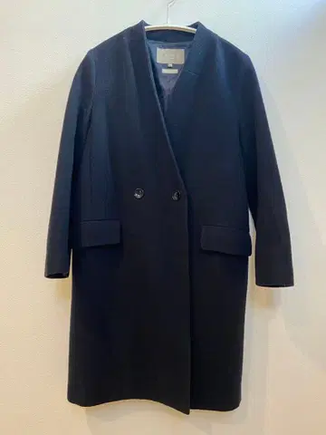 네이비 노카라 더블 버튼 롱 코트