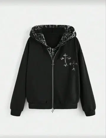 레오파드 무늬 후드 부착 블랙 후드티