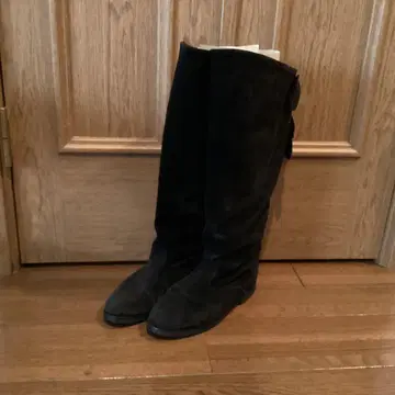 블랙 스웨이드 롱 부츠 리본 포함 밑창 플랫 타입 23cm