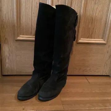 블랙 스웨이드 롱 부츠 리본 포함 밑창 플랫 타입 23cm