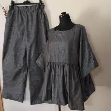 오시마 명주 리메이크 그레이 추상 무늬 팬츠 셋업