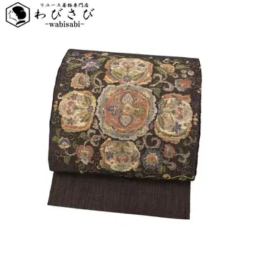 나고야 오비  추상 꽃무늬 패턴 금실 초색 O-4683