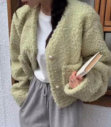 Nyu 펄 버튼 보아 자켓 코트 그린