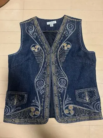 자수 데님 베스트 웨스턴풍