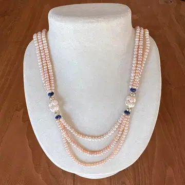 담수 진주 3연 디자인 목걸이 핑크