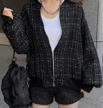 새상품 체크 무늬 노카라 자켓 블랙