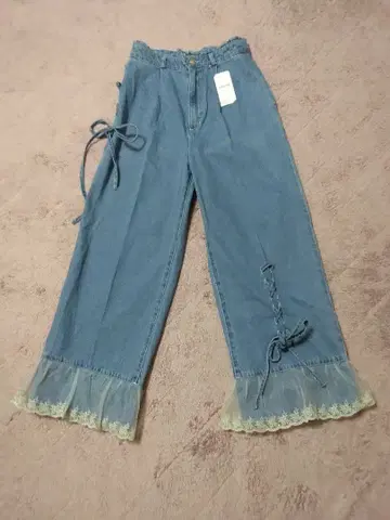 미사용 택 포함 axes femme 밑단 레이스 데님 팬츠 프릴 블루 F