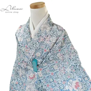 LULU104 기모노 코몬 이중 기모노 기장 꽃무늬 스카이블루