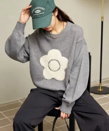 마리콴트: 상량 플라워 모티브 아트 자카드 니트 [ 그레이 ]