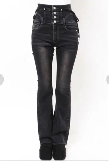 EMODA 그레이 리본 하이웨스트 플레어 바지 에모다