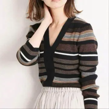 IENA 이에나 3x3 리브 V넥 풀오버 브라운 계열 보더 무늬