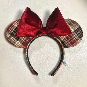 디즈니 체크 빨간색 미니 머리띠