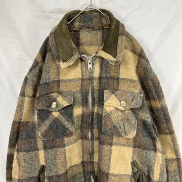 60s~70s 가죽 옷깃 옴브레 울 집업 자켓