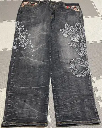 남성용 일본풍 패턴 청바지 용 자수 빅 사이즈 4L