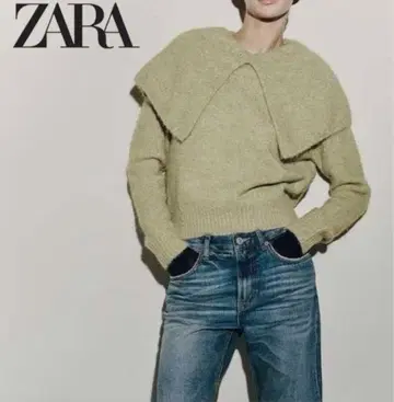 택 포함 새상품 새상품급 ZARA 자라 와이드 라펠 니트 스웨터 그린