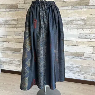 오시마 명주 기하학 패턴 다크 블루 롱 스커트