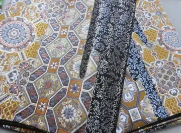 순수 실크 미사용 블랙 베이스에 보상화문 후쿠로 오비