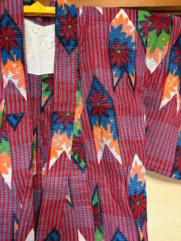 니코니코모멘 빨간색과 파랑 꽃무늬 코몬 기모노 목화