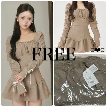 Darich 스퀘어 넥 개더 미니 원피스 베이지 FREE