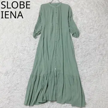슬로브 이에나 롱 원피스 밴드 카라 개더 체형 커버 그린 계열