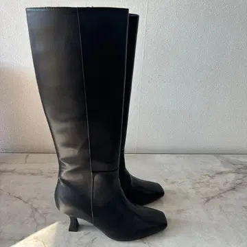 새상품 리엔다 롱 부츠 스퀘어토 가죽 하이힐 블랙 S