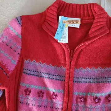 빨간색 핑크 꽃무늬 자수 가디건, 따뜻한 램스울 100%