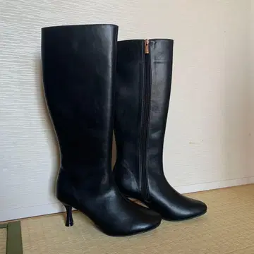 [ 미사용품 ] 블랙 롱 부츠 지퍼 달린 중간 굽 23cm